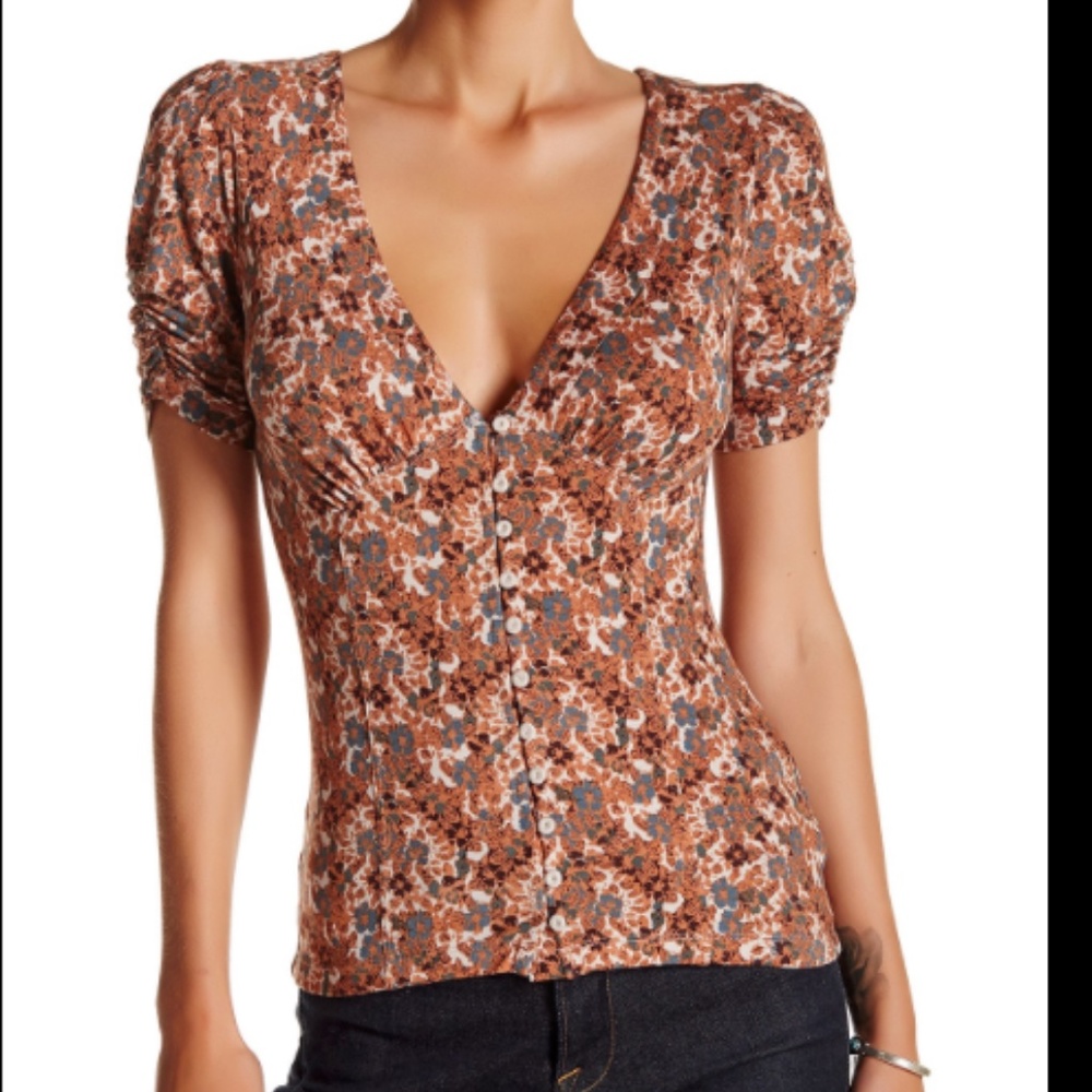 Free People Floral Hollywood Ruched Sleeve Top size XS